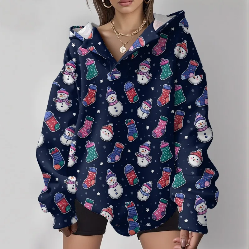 بلوفر نسائي كاجوال كبير الحجم بنمط ندفة الثلج مع ياقة مقلوبة، سويت شيرت شتوي مريح فضفاض مناسب للشارع اليومي #6