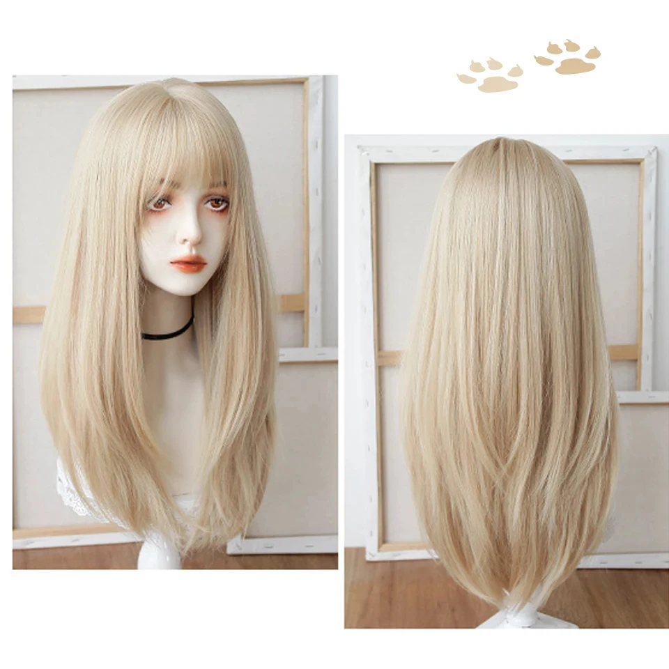 Synthetic Long Straight Lolita Wig with Bangs Wig Girl Cute Ombre Pink Blonde Black Cosplay Party Halloween Harajuku Wig