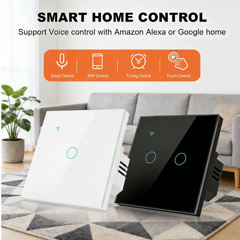 

Умный Wi-Fi выключатель света/Европейский стандарт/Сенсорное управление/Требуется подключение к нейтральному проводу/Сенсорный Wi-Fi датчик/На 1/2/3/4 клавиши (опционально)/Поддерживает Alexa/Google/Подходит для спальни/кухни/гостиной/офиса