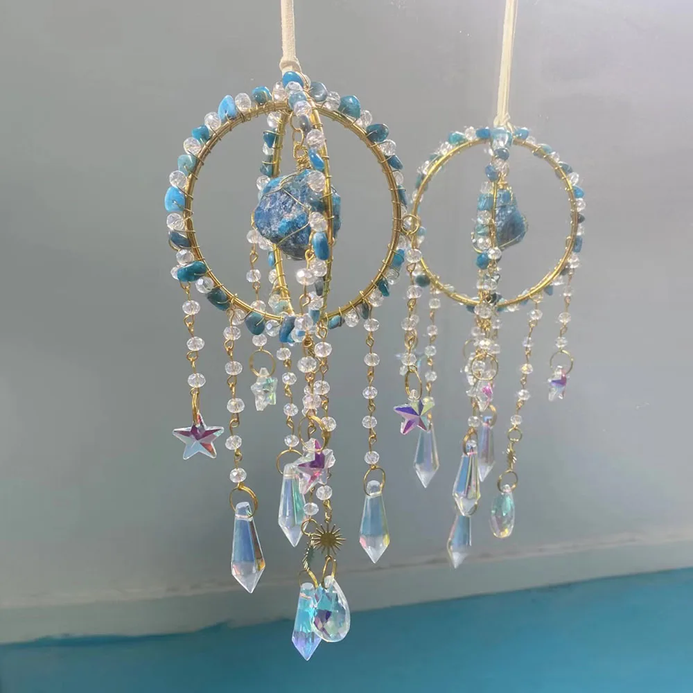 Custom Apatite Crystal Sun Catcher - Double Hoop Gold Frame Raw Stone Chip Sphere Hanging Ornament for Window Decor