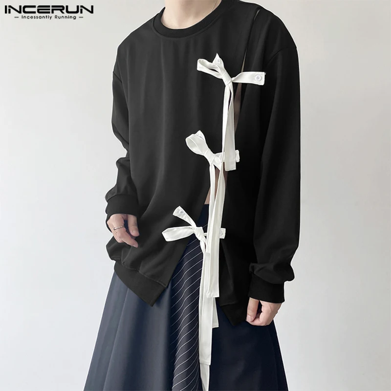 INCERUN Tops 2024 Korean Style Fashion Men O-neck Bow Ribbon Design Sweater Casual Streetwear Solid Long Sleeved Pullovers S-3XL