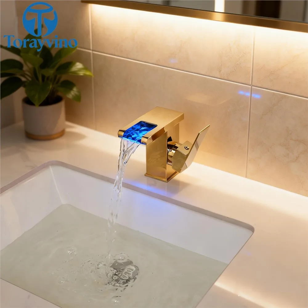 Torayvino LED Bathroom Basin Faucet Deck Mounted Single Handle Hot And Cold Waterfall Powered Water Outlet Sink Mixer Tap