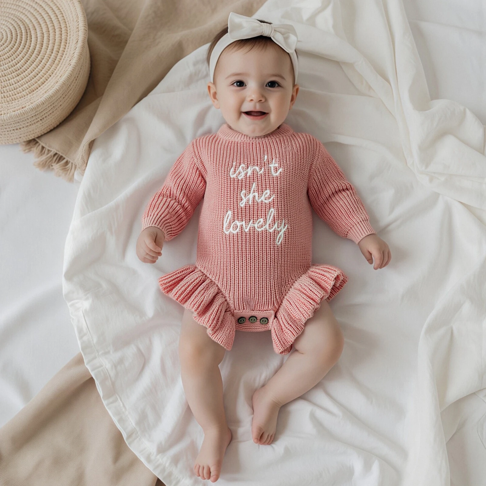 

Blotona Newborn Baby Girl Winter Sweater Romper Letter Embroidery Round Neck Long Sleeve Ruffled Knitted Bodysuit