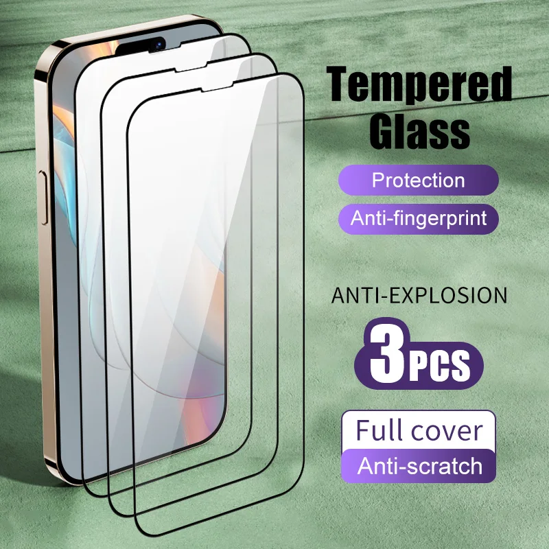 3pcs Glass Smartphone Full Cover Protective Film For IPhone 16 15 Plus 14 13 12 Tempered Glass Phone Screen Protector 11 Pro Max