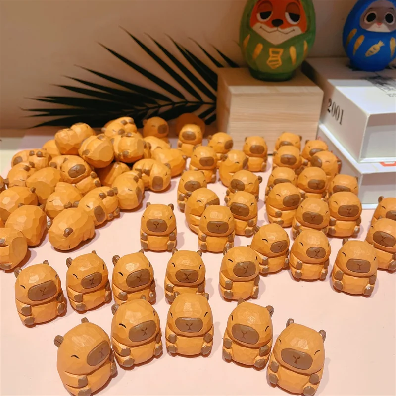 Capibala Cute Animal Small Model Statue Solid Capybara Wood Carving Home Room Office Car Decoration Accessories