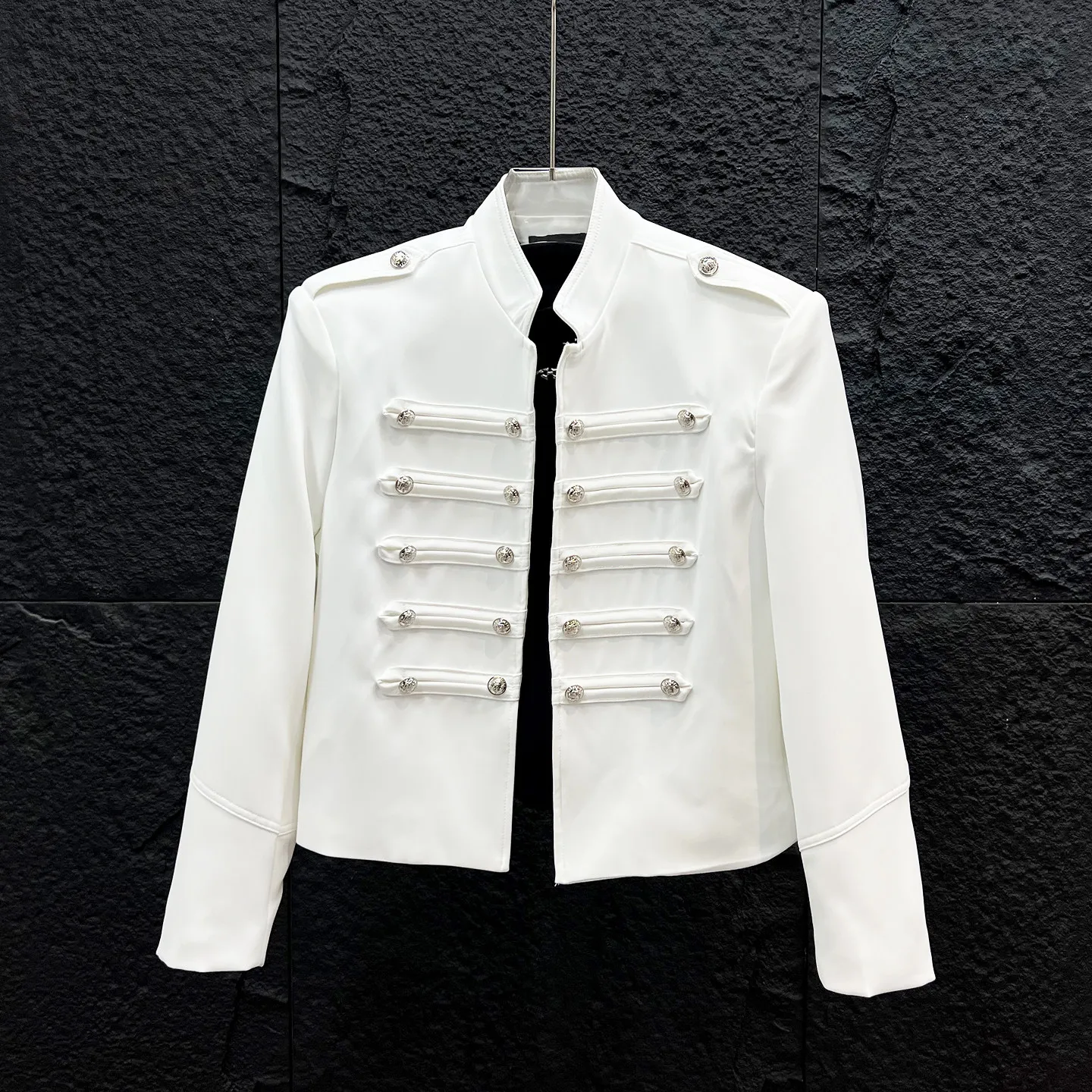 Mens Military Double Breasted Jacket Stand Collar Loose Cropped Coat for Runway Styling and Performance Outfits
