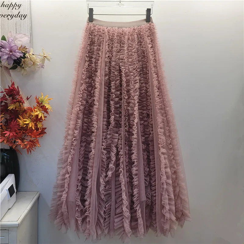 HKSH 2026 Spring Autumn New Women Skirt Ruffled Mesh French Elegant Versatile Elastic Waisted A-line Sweet Trendy Skirts HK17644