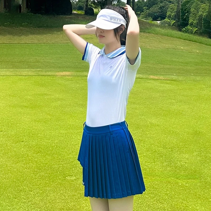 SG Ladies Stripe Short Sleeve Golf Shirt Quick Dry Polo T-shirt Women Breathable Anti-light Skirt Elastic Pleated Golf Skorts