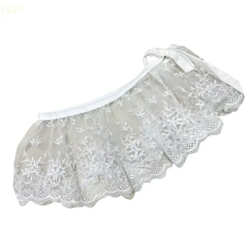 

T21F Women Girls Elegant Embroidery Lace Mini Apron Skirt Korean Tie Up Hip Covering Scarf Shirt Extender Overlay Underskirt