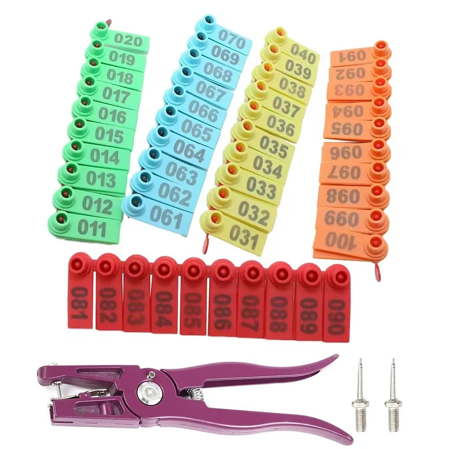 

﻿ ﻿ Маркер для ушей для домашнего скота, аппликатор No 001-100, бирка для ушей в виде овцы с фиолетовыми плоскогубцами для ушных бирок, набор принадлежностей для сельскохозяйственных животных