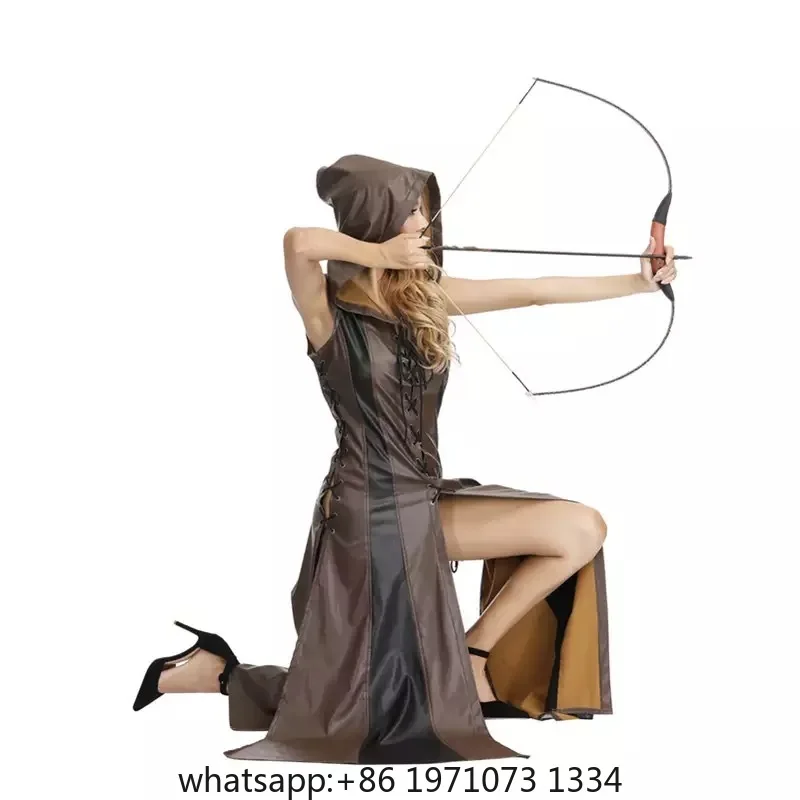 Archer Ranger Elf Halloween Hobbit Costume Women Assassin Jerkin Huntress Dress Leather Hood Robin Robe Outfit For Adult