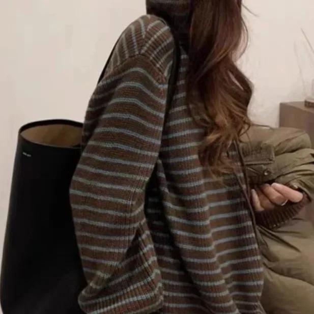 

Women Autumn Winter New Arrival Lazy Style Top Polyester Fiber No Sleeve Crew Neck Loose Stripe Hoodie Sweater Jacket