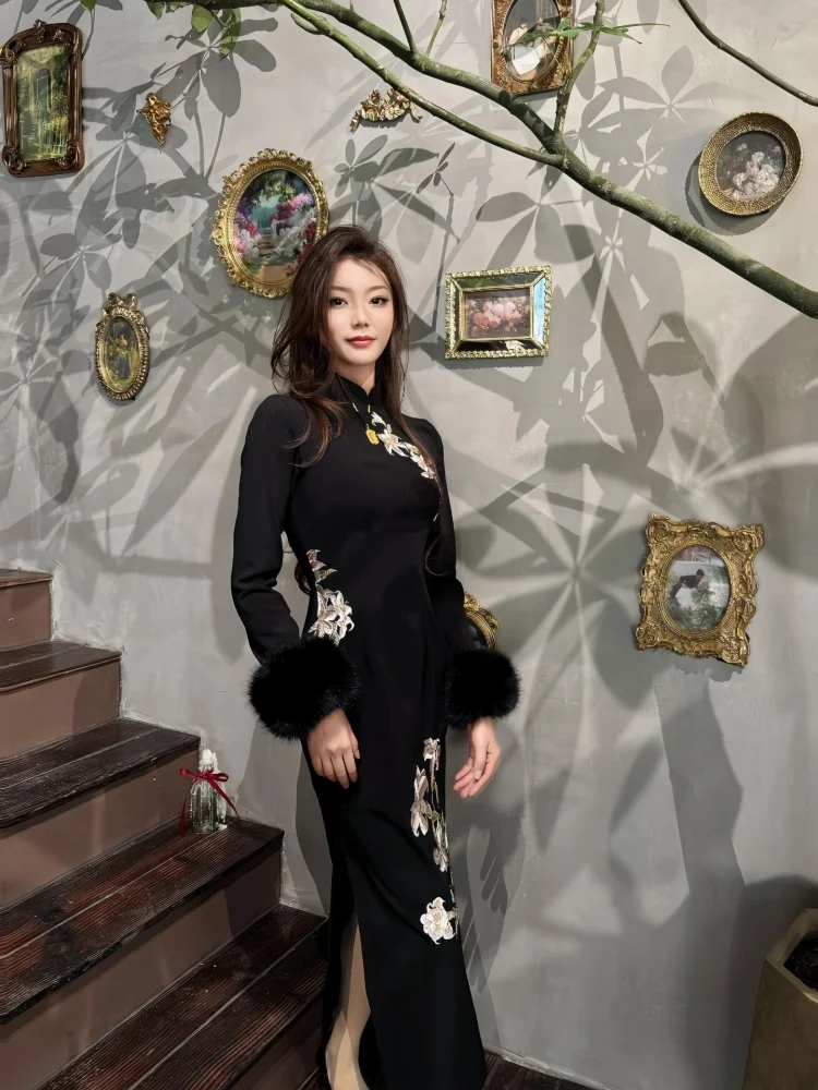 

Новое китайское платье-трапеция с вышивкой, приталенное, с длинными рукавами, для женщин, устойчивое к выцветанию