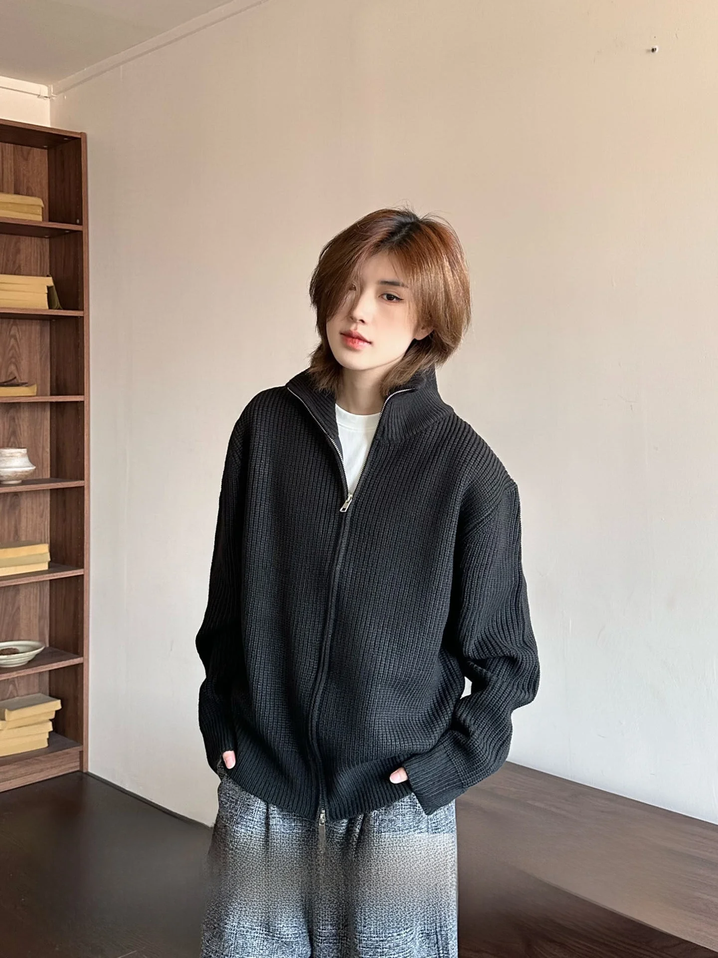 

Ja1 Casual Knitted Zipper Neck Sweater Coat Men's Double Zipper Open Cardigan Leisure Style Warmth Autumn Season Long Sleeve