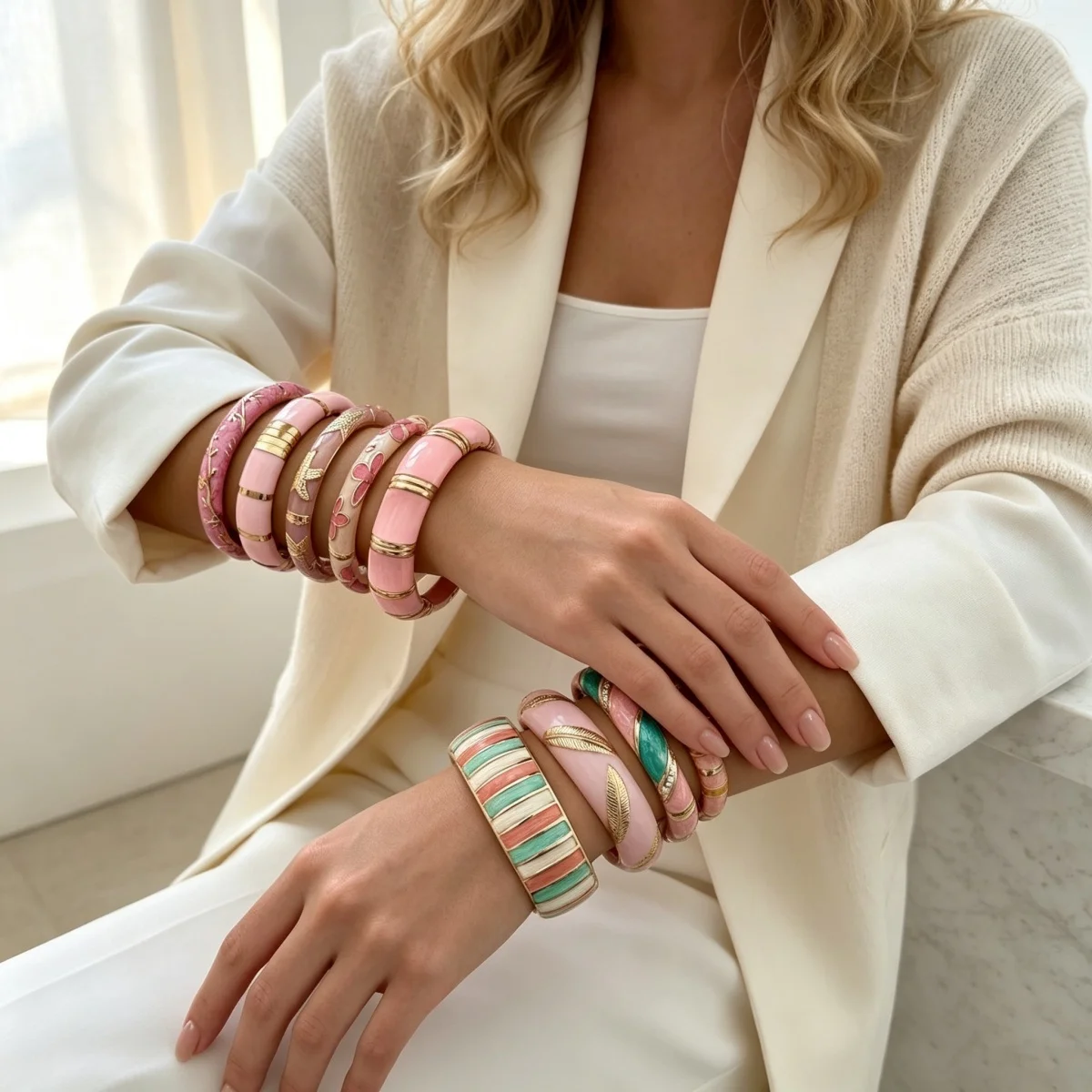 Vintage Pink-Serie Emaille-Manschettenarmbänder für Damen und Herren, Modisches Weichrosa Block-Muster mit Gedrehten Blättern, Blumen und Sternen, Armreif-Schmuck – Detail 12