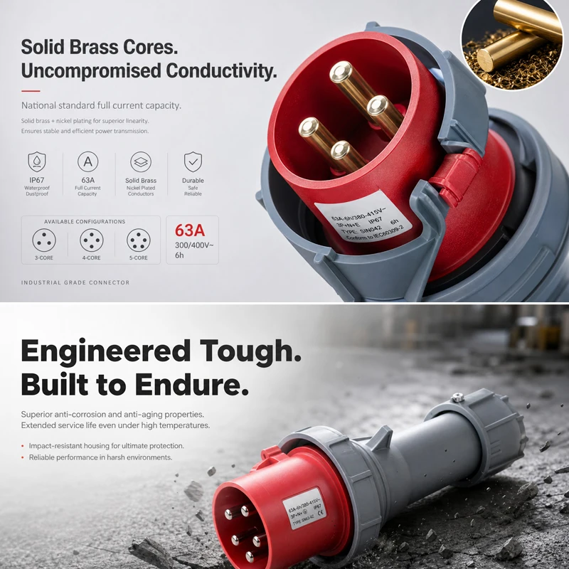 63A IP67 Industrial Waterproof Connector 3/4/5 Pin CEE Plug & Receptacle, Heavy Duty Copper Contacts, High Voltage Power Socket