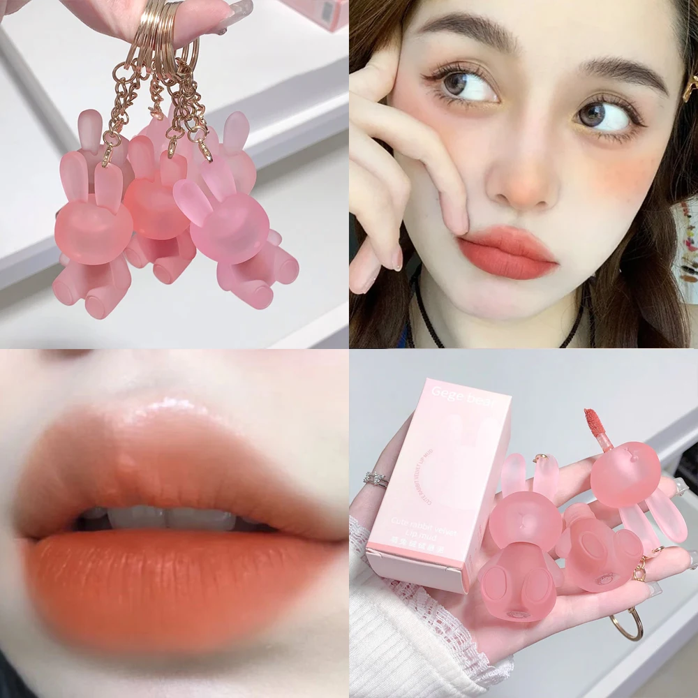 Portable Cute Bear Matte Brown Lipgloss Lip Mud Velvet Nude Red Pink Keychain Lipstick Waterproof Lasting Lip Glaze Cosmetics