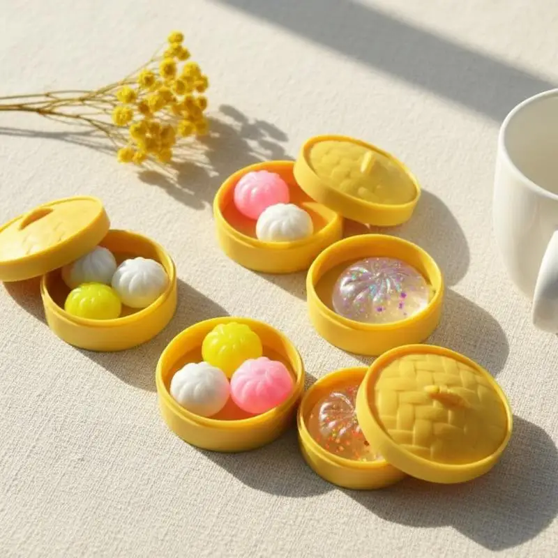 New 40Pcs Soft Cute Mini Dumplings With Steamer Food Shape Crystal Bun Pinch Squeezable Sensory Toy Party Favors