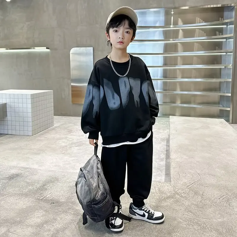 2026 Winter Autumn Boys Clothes Set Cotton Loose Sweatshirt Hooded + Pants Tracksuits Kids Suit Children 4 8 9 10 11 12 14 Year