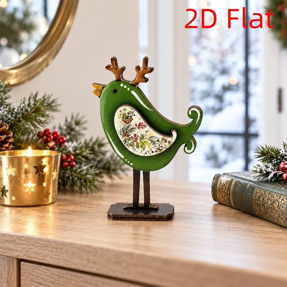 Wooden Christmas Bird Statue 2D Flat Vintage Bird Figurine Ornament Long Legs Stable Base Xmas Bird Figurine Room Decor
