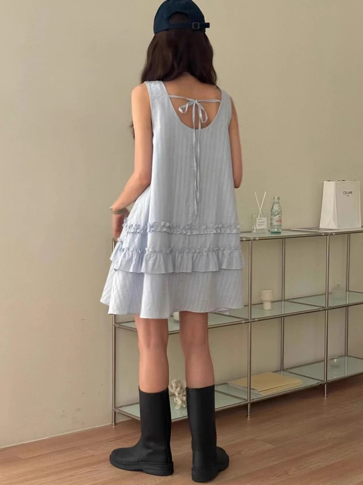 Vestido de Verão com Detalhes em Renda Liangliang, Novo Estilo E, Sem Mangas, Saia em Camadas, Saia Curta, Estilo Core...