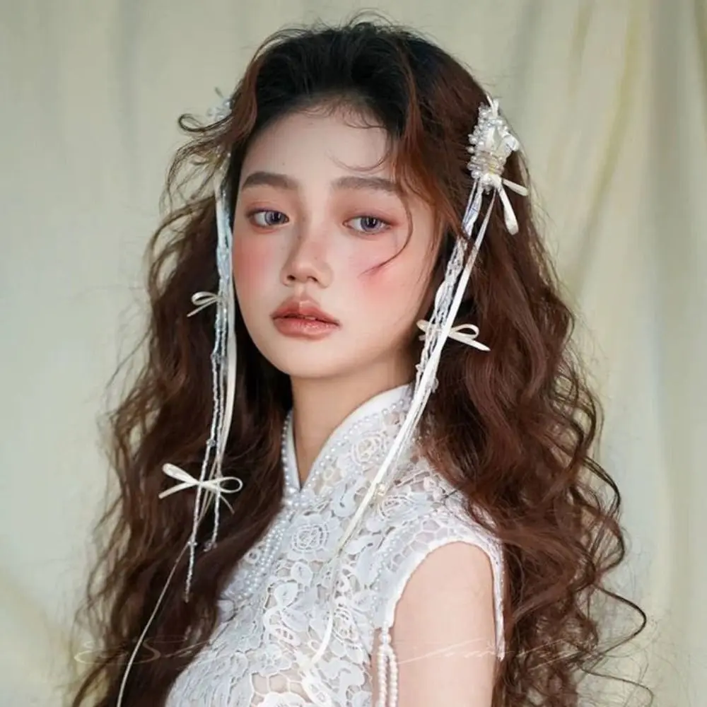 1 쌍 요정 세련된 신부 헤어 클립 화이트 진주 비즈 신부 머리핀 술 수제 웨딩 머리 장식 헤어 액세서리