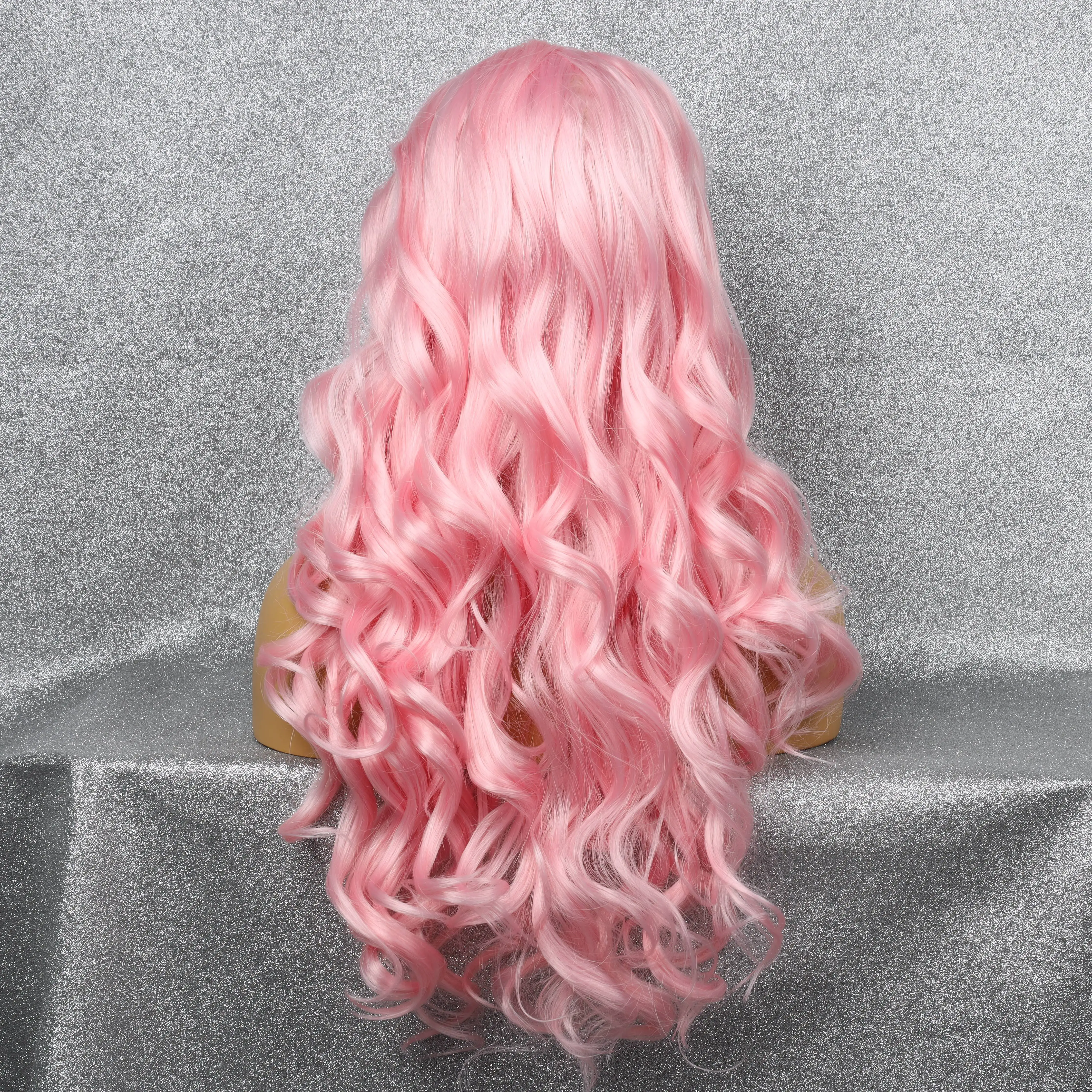 Pink Front Lace Synthetic Wave Long Wig Natural Hair Line Comfortable Soft Mesh Cap Breathable Heat Resistant Party Cosplay Wig