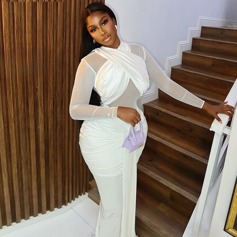 Vestido largo ajustado plisado de Color liso, cuello envolvente, ropa elegante transparente para mujer, diseño elegante, uso diario, ocasión de fiesta