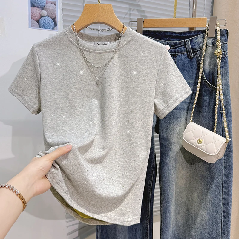 Trendiges, locker sitzendes, vielseitiges T-Shirt 2026 – Sommerliches, luxuriöses, strapazierfähiges Strass-Damen-Kurzarm-T-Shirt mit modischem O-Ausschnitt und lässigem Oberteil