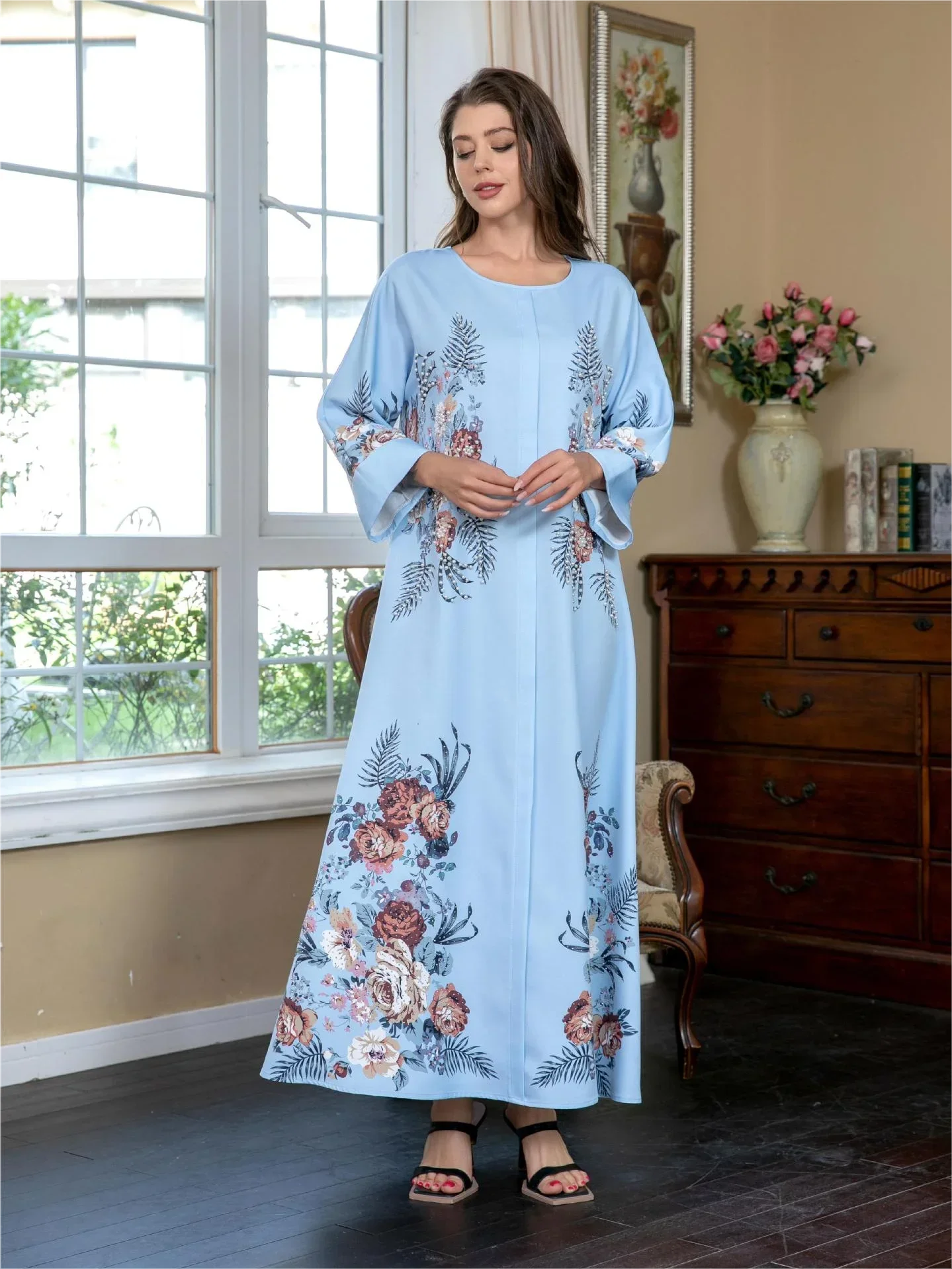 Ramadan Abayas for Women Flower Print Pearls Dresses Muslim Party Vestidos Morocco Dubai Kaftan Islam Arab Long Robe Jalabiya