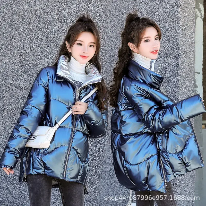 

2025 New Winter Short Parka Jacket Women Bright Cotton Jacket Female Stand Collar Loose Zippers Parkas Down Jackets Outwear
