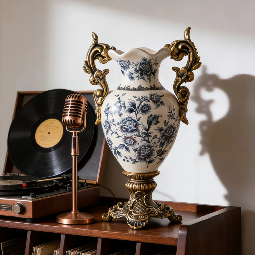 binaural trophy ceramic vase flower arrangement high-end villa home living room decoration European-style floor-to-ceiling vase