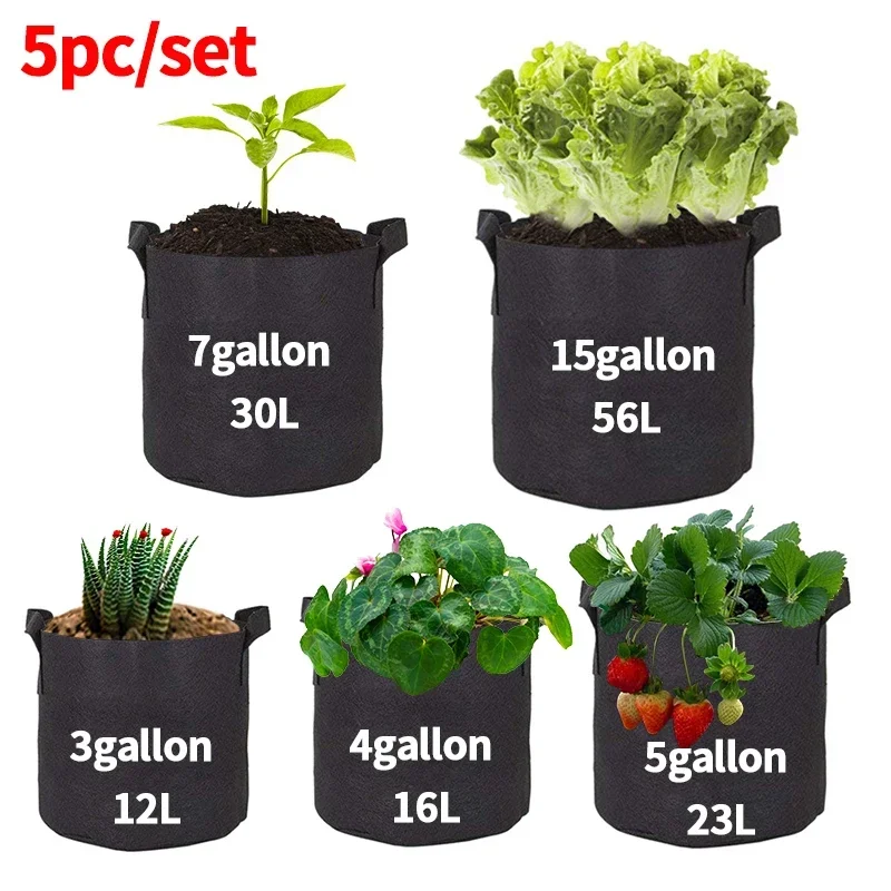 

5pcs/set Felt Grow Bags Vegetable/Flower/Plant Grow Bags Thickened Non-Woven Grow Bags, Aeration Fabric Pots with Handles