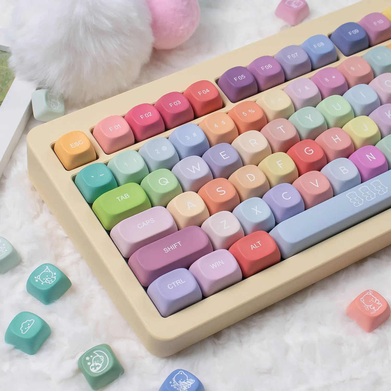 129 Keys MOA Gummy Bears Keycaps Dye Sublimation PBT Keycaps Cute Rainbow Keycaps For MX Mechanical Keyboard