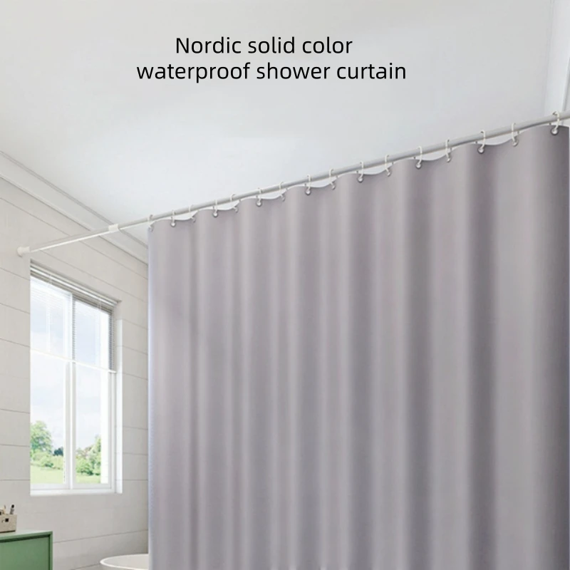 Solid Color Waterproof Shower Curtains With Hooks Rings For Bathroom Grey Beige Anti-mold Polyester Partition Home Bath Curtain