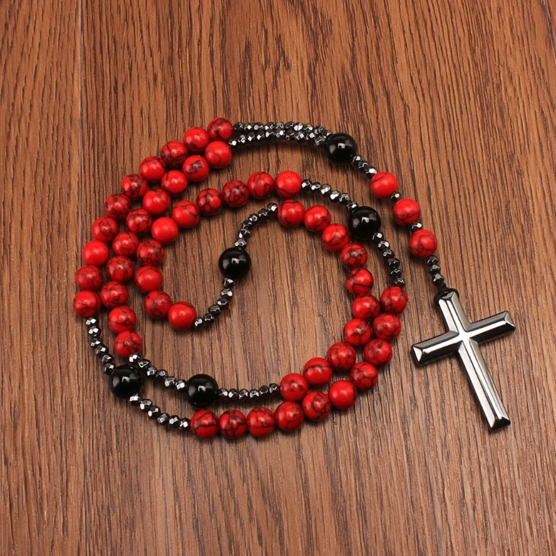 Red Pine Stone Rosary Necklaces Catholic Hematite Cross Pendant Necklaces for Men Women Jewelry Christian Religious Gift