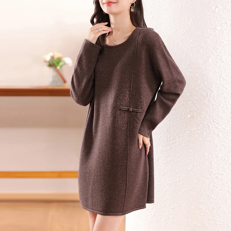 100% Merino Wool Women's Midi Dress, Loose, Embroidered, Elegant, Long Sleeves, Knitted, Crew Neck, Warm, Fall/Winter 2024