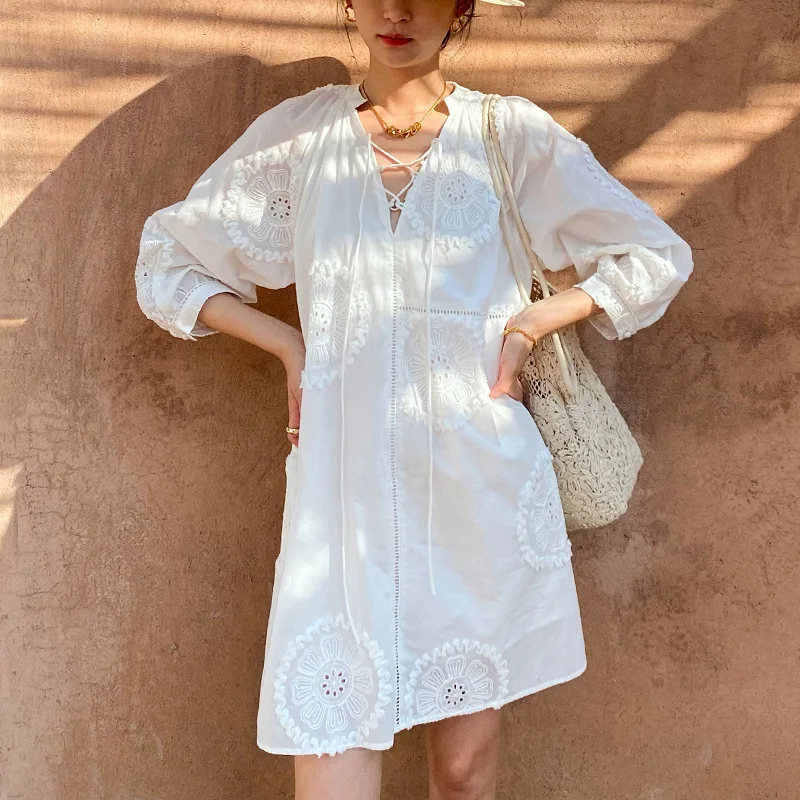 

2026 Spring Summer Women's White V Neck A Line Dress Cotton Textured French Style Vacation Dress