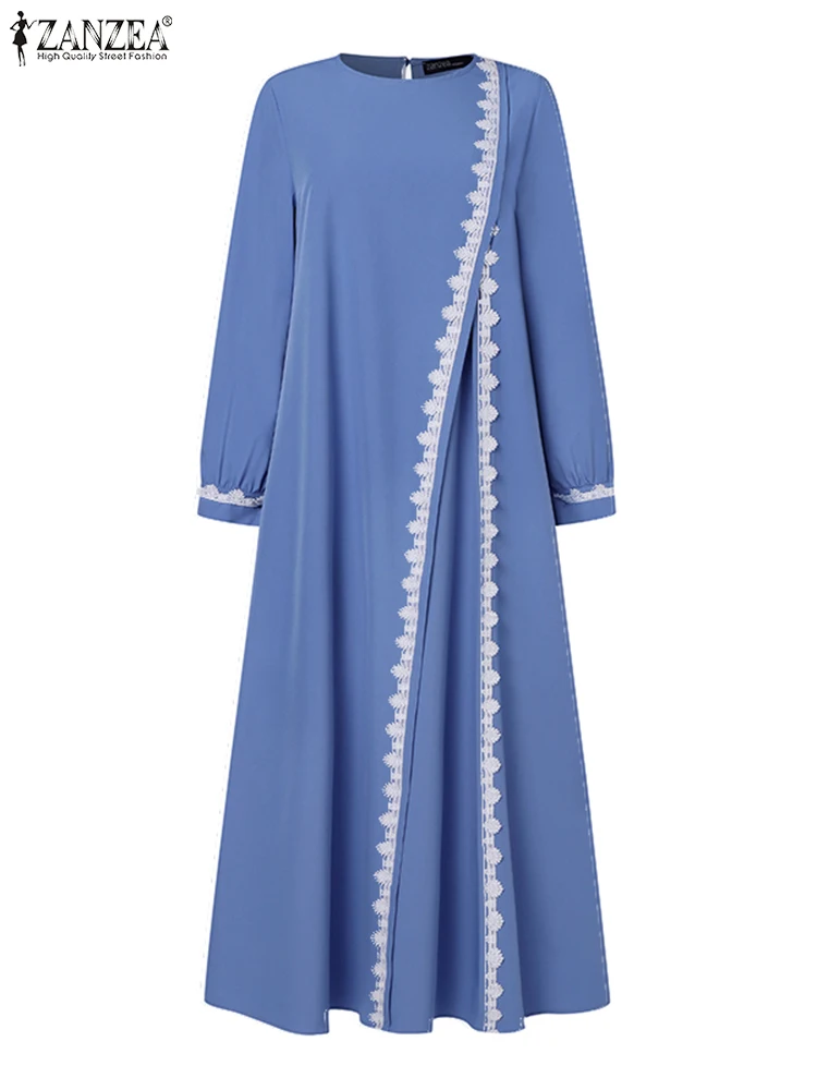 ZANZEA-vestido de encaje de manga larga para mujer, elegante vestido de ganchillo, Abaya musulmana, ropa islámica informal, Túnica de Turquía para