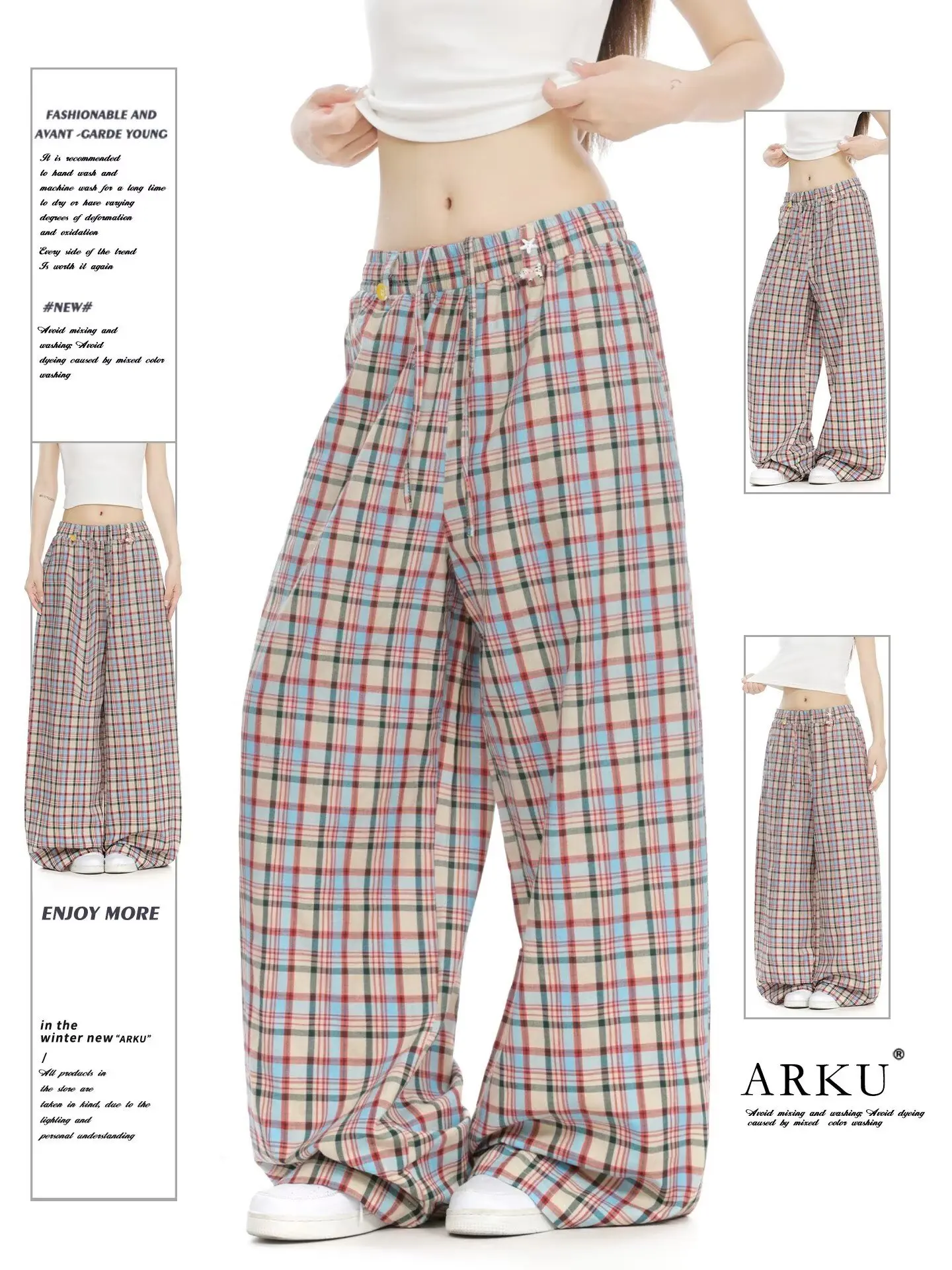 Y2K Plaid Wide Leg Pants Women Streetwear High Waist Loose All Match Pants Casual Pockets Lady Mopping Lazy Style Trousers