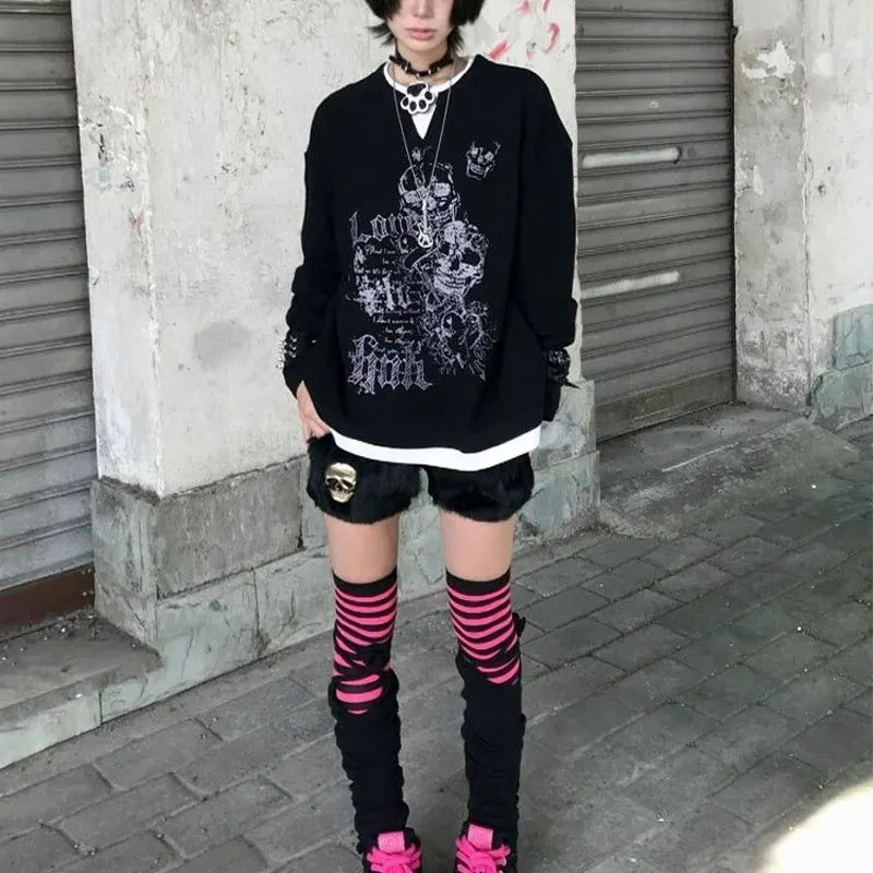 Fake Two Pieces Skulls Printed T-shirts Women's Clothing Stylish Spliced Spring Autumn Casual Round Neck American Punk Pullovers