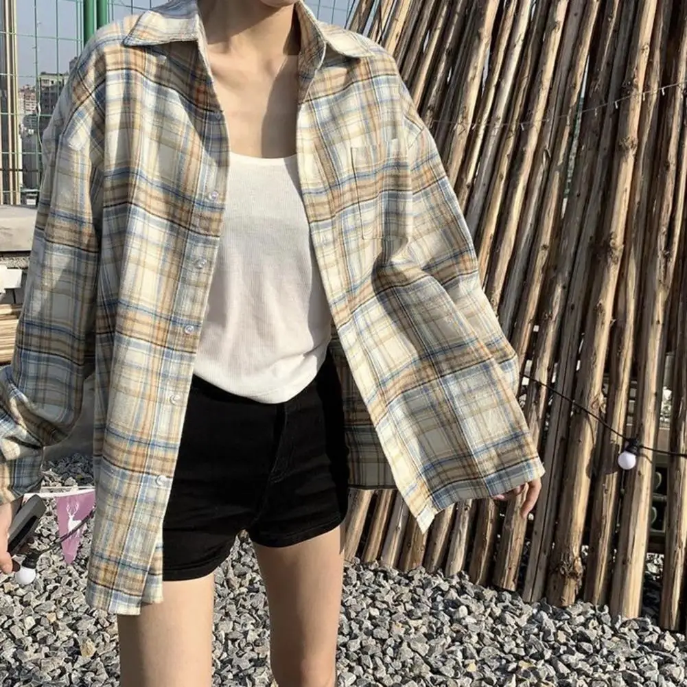 Lapel Collar Shirt Plaid Print Lapel Shirt Coat for Women Long Sleeve Single Breasted Top with Mid-length Versatile Design Women