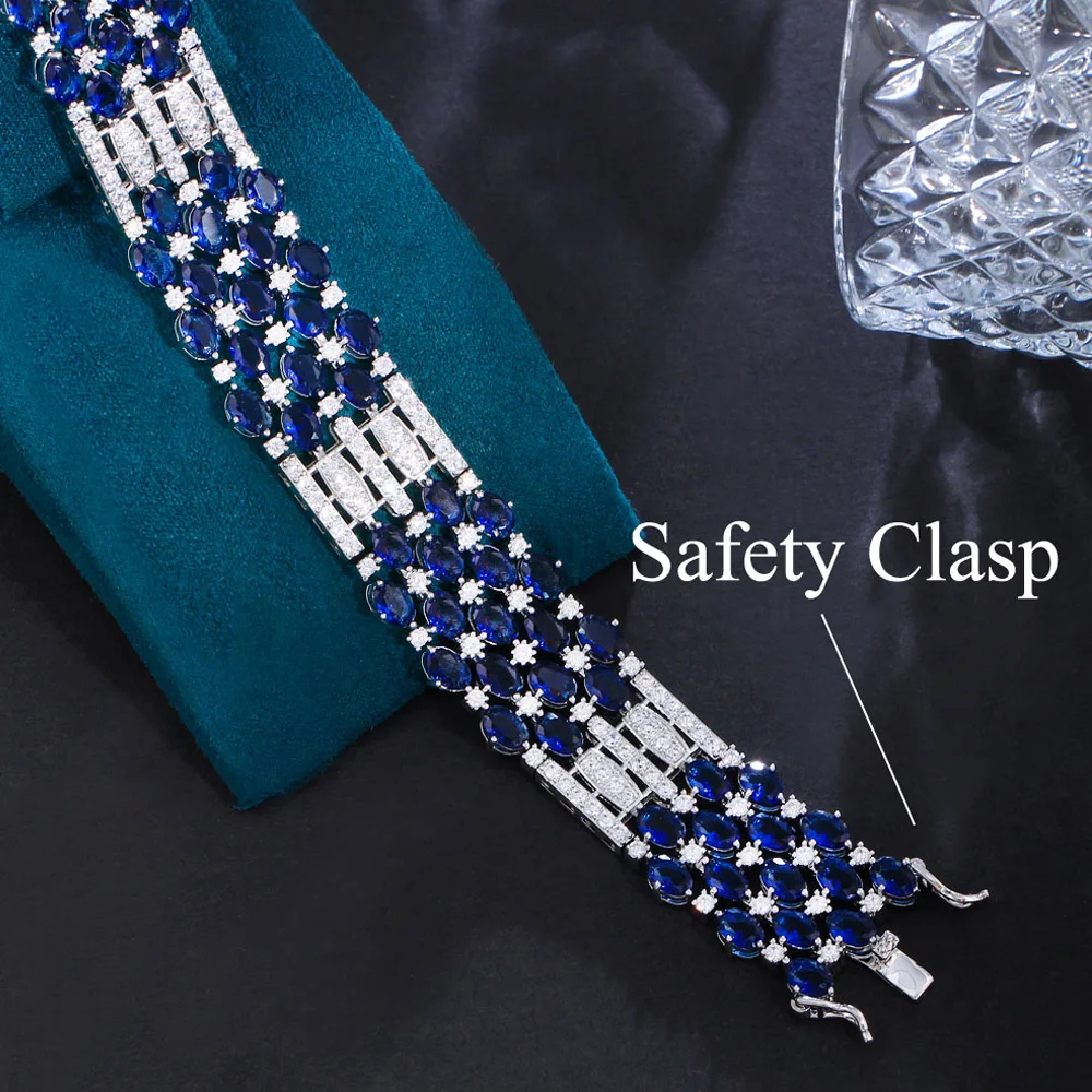 ThreeGraces High Quality Blue Cubic Zirconia Silver Color Luxury Bridal Party Bracelet for Women Fashion Banquet Jewelry BR296