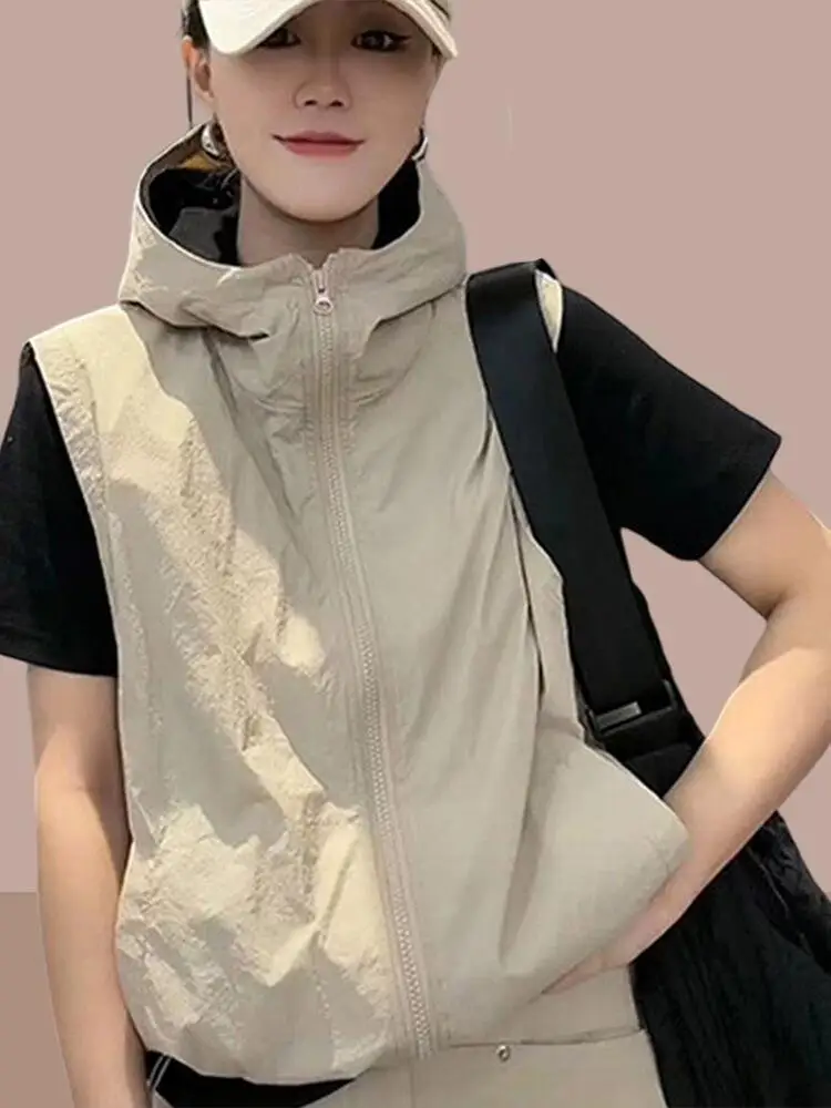 Zomer 2025, dames losse pasvorm, capuchon, zonwering, Jaet-vest, dun model, trendy woon-werkverkeer, ritssluiting, casual bovenkleding