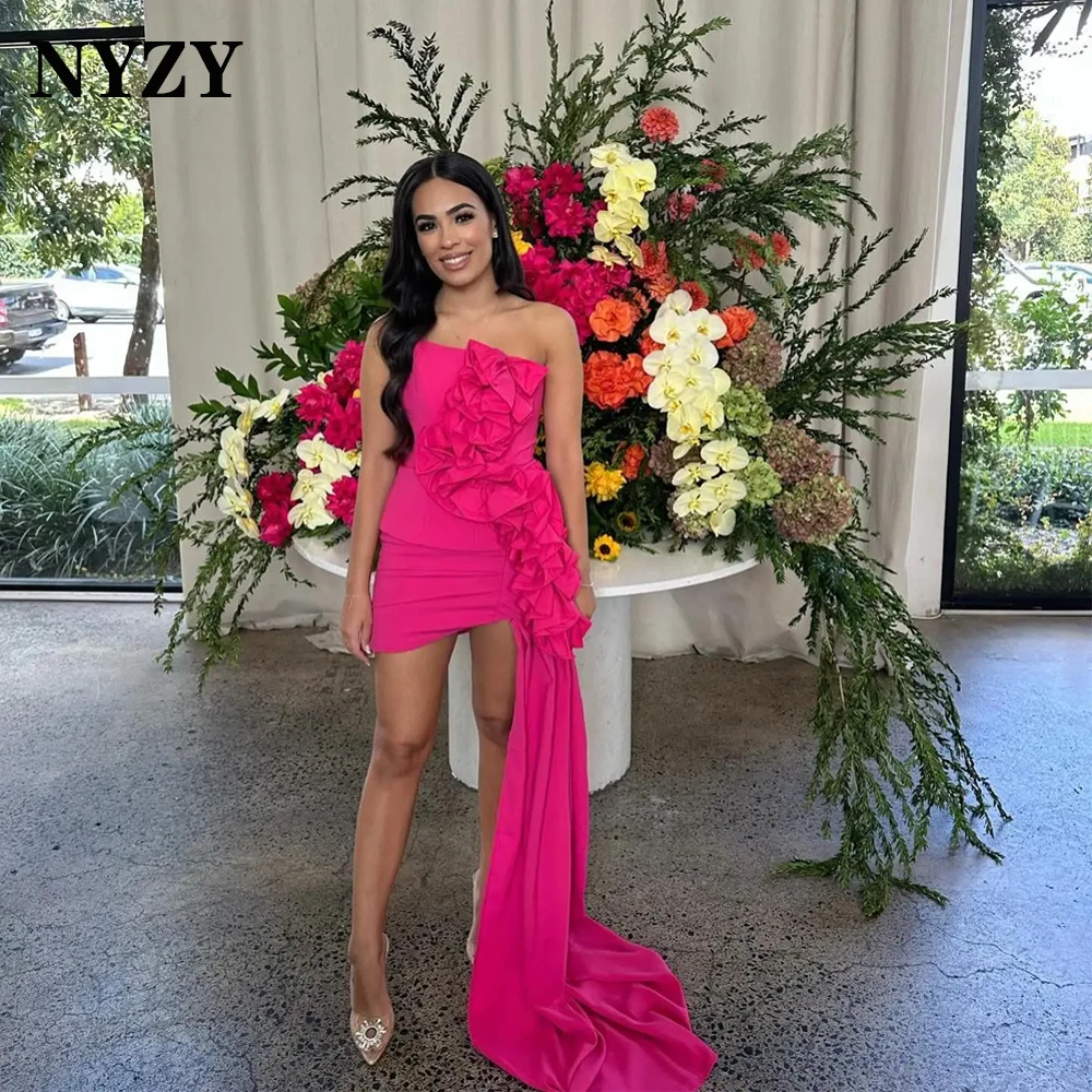 NYZY P163 Custom Made 3D Flowers Jersey High Low Short Prom Dresses 2025 Party Cocktail Evening Gowns Fuchsia