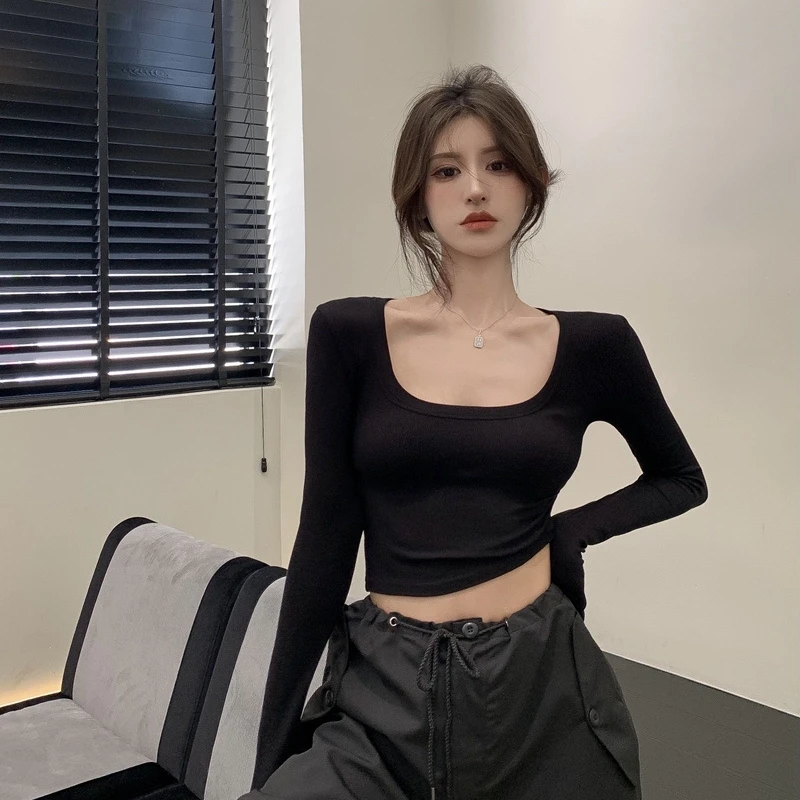 Women\'s Long Sleeve Square Neck Crop Top Ribbed Slim Fitted Knitted Tops Tees Y2K Casual Solid Cotton T-Shirt Fashion INS Tops