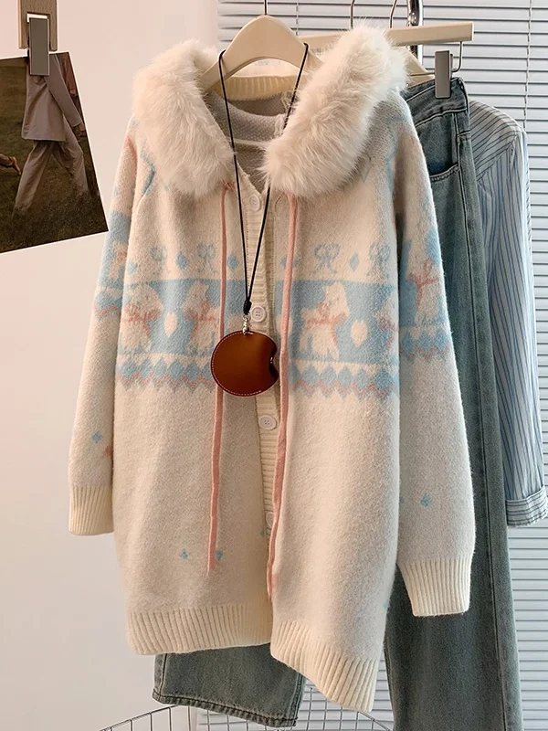 

Soft Thiened Autumn Winter Design Sensation Women's Knitwear Cardigan Sweater Coat with Fur Collar Embroidered Loose Fit