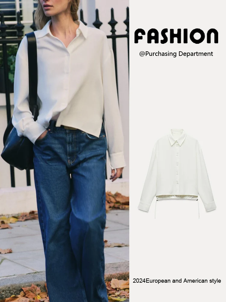 

Spring New Women's Casual irt ZA2025 Single Button Bow Long Sve Pleated Simple Classic Collar Office Wear 0028572