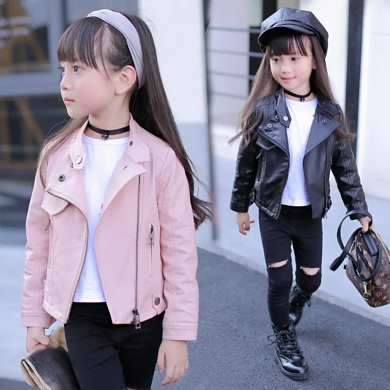 

Girls Pu Zipper Jackets Cool Jacket For Girl 3-12 Years Kids Classic Collar Coats Teen Windbreaker Clothing Children's Outerwear