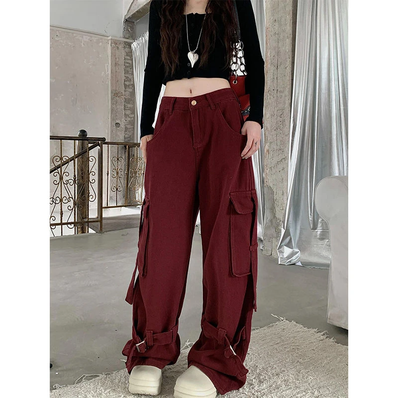 

Women's Red High Waisted Large Pocket Pants Street Clothes Cool Girl Streetwear Vintage Female Fashion Baggy Cargo Trousers